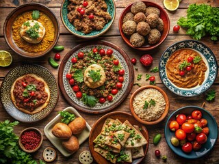 Fototapeta premium Vintage Style Collage of Traditional Middle Eastern Dishes - Arabic Cuisine, Colorful Plates, Spices, Cultural Heritage, Food Photography, Culinary Art, Authentic Recipes, Gastronomy