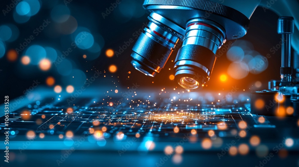 Poster Medical expert observing stem cell growth in a laboratory setting, with microscopes and data monitors tracking development with empty space for text