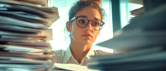 Businesswoman surrounded by paperwork in a cluttered office, expressing stress and concern during a busy workday