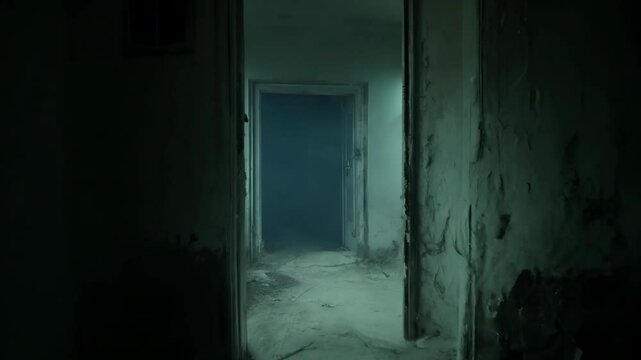 Camera moves along dark scary gloomy empty corridor of abandoned building. Old basement with ghosts. Inside building at night, background. Nightmare horror. Getting lost in unknown house.