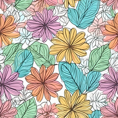 Crayon line pattern, floral and leaf patterns in pastel tones.