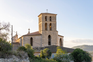 Main facade of the parish church of the transfiguration of the Lord-Santa Maria de Arta, at dawn on a sunny day. Island of Mallorca