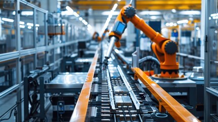 A modern factory utilizes advanced robotic systems for automated production of bioplastic packaging materials. the efficient assembly line highlights cutting-edge technology