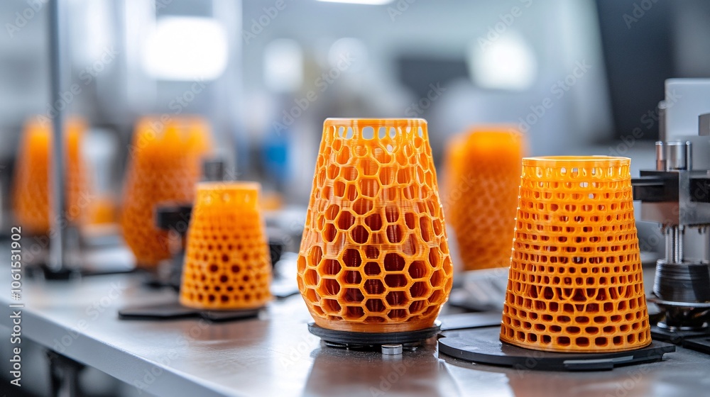 Aufkleber Conceptual image of biomaterials research with 3D printed biological tissues on a workbench in a futuristic lab with empty space for text