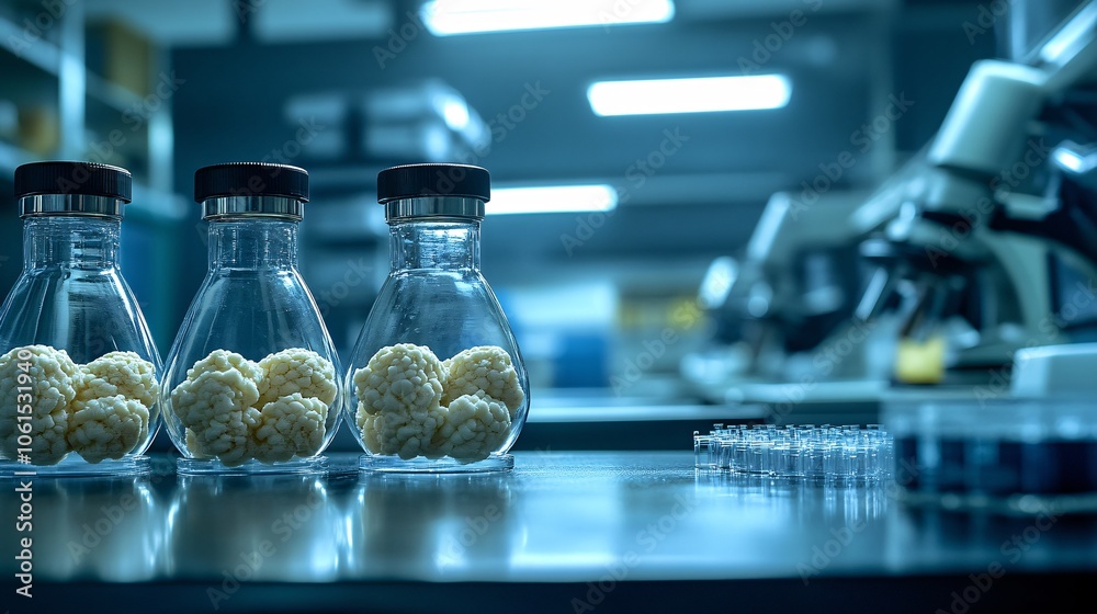 Poster Conceptual image of biomaterials research with 3D printed biological tissues on a workbench in a futuristic lab with empty space for text