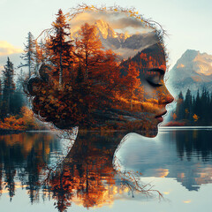 Autumn Fantasy Double Exposure Portrait with Forest and Leaves