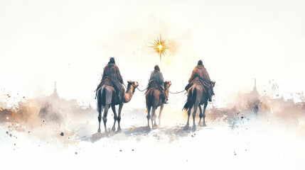 Three wise men travel on camels under the bright star of Bethlehem, celebrating the birth of Jesus in a serene watercolor atmosphere