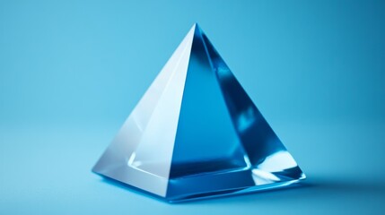 Blue Glass Pyramid on Blue Background   Minimalist Geometric Shape
