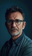 Fototapeta premium Middle-aged male scientist with glasses poses confidently against a blue background. his intelligent expression and professional attire emphasize expertise, suitable for academic