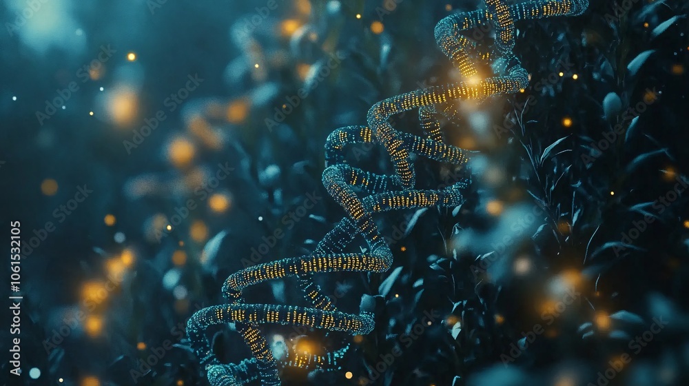 Leinwandbilder Conceptual graphic of genetic code with binary data streams, highlighting the intersection of technology and biology with empty space for text