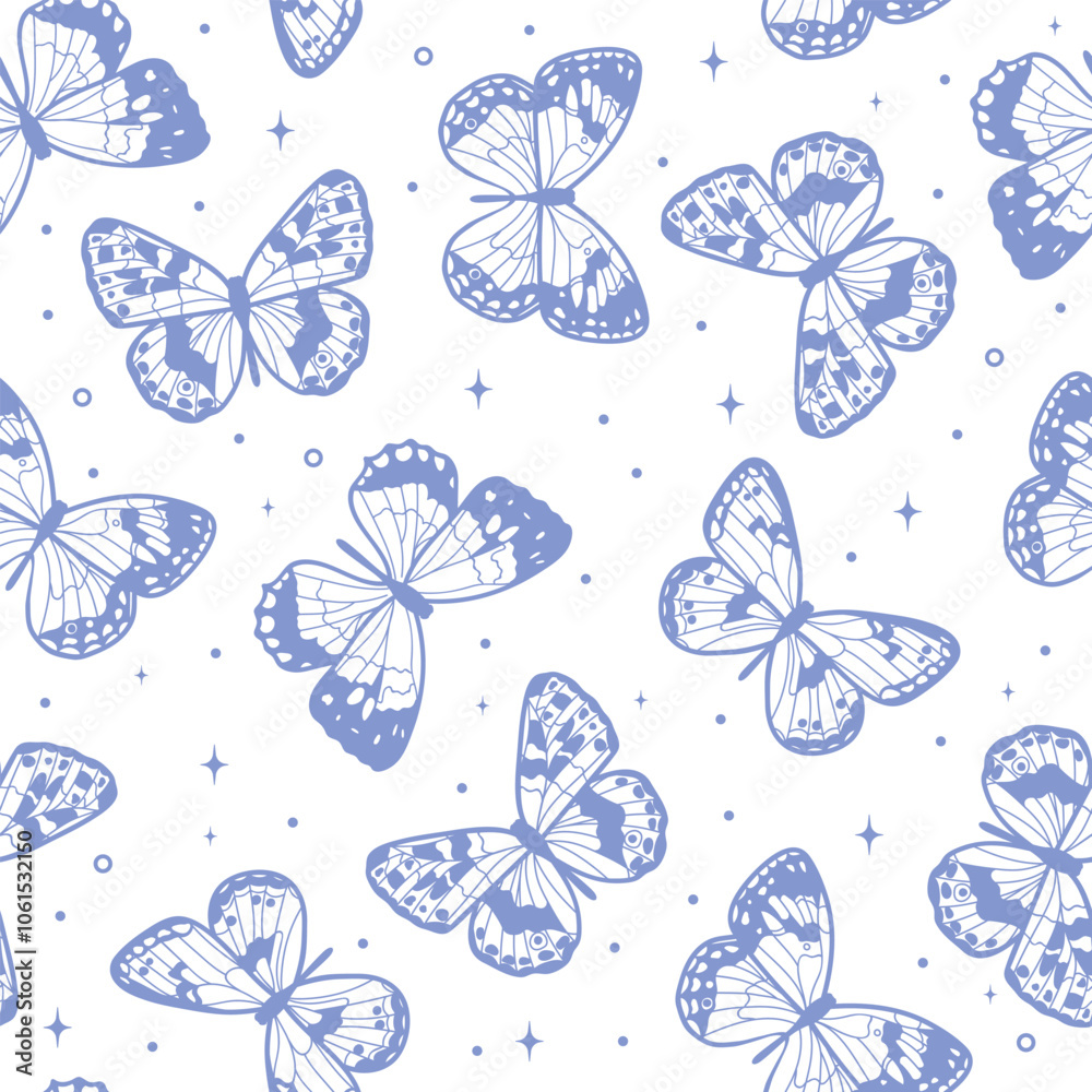 Poster blue white butterfly vector pattern, seamless repeating tile, cute spring print design
