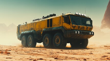 Obraz premium Futuristic Off Road Truck Driving Through Desert Landscape