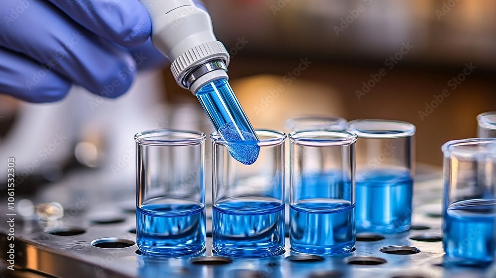 Leinwandbilder Biochemist using AI-powered diagnostic tools to study enzyme reactions and cell behavior in a high-tech lab with empty space for text