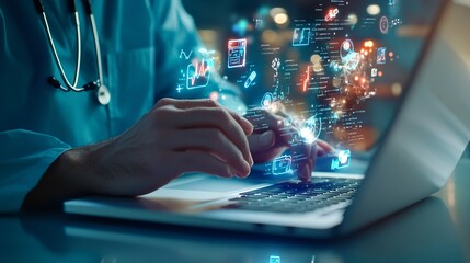 Healthcare Professional Using Laptop in Modern Setting