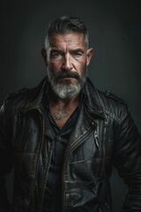 Obraz premium Intense portrait of a middle-aged man with a rugged beard and leather jacket. the dark monotone background and dramatic lighting highlight his strong features