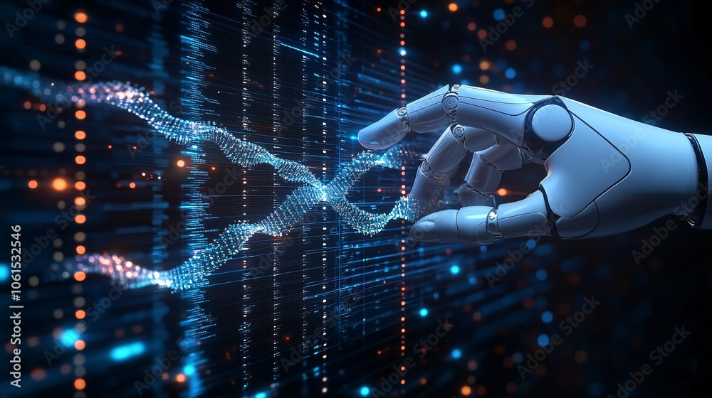 Poster Robotic arm assisting a scientist in cellular analysis in a high-tech biotech lab with monitors and genetic data with empty space for text