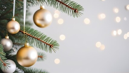 Christmas background with golden and white baubles hanging on green pine branches, soft warm lights in the background, festive and elegant holiday scene