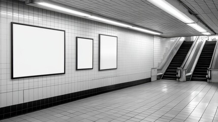 A monochromatic subway corridor with sharp white tiles and empty frames exudes urban minimalism and modern architectural lines.