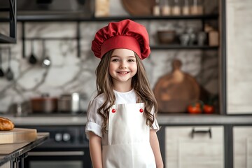 Charming young aspiring chef smiles brightly, dressed in a chef's uniform, in a modern kitchen setting