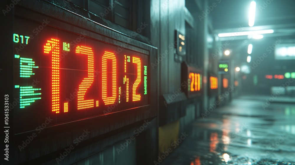 Poster Stock market ticker screens filled with green and red numbers in a dark trading room with financial data highlighting market fluctuations with empty space for text