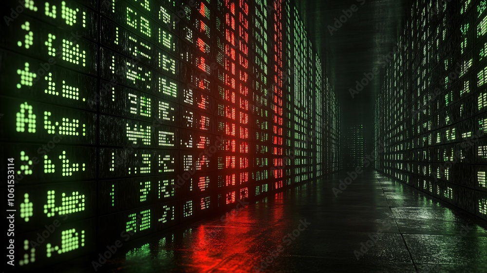 Poster Stock market ticker screens filled with green and red numbers in a dark trading room with financial data highlighting market fluctuations with empty space for text