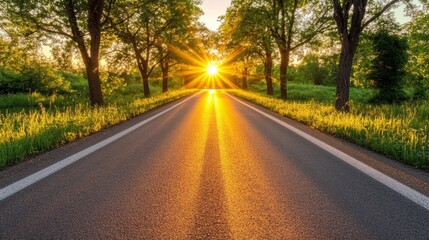 Obraz premium Sunlit Road Through Trees at Sunset Rural Road Asphalted Path Summer Drive