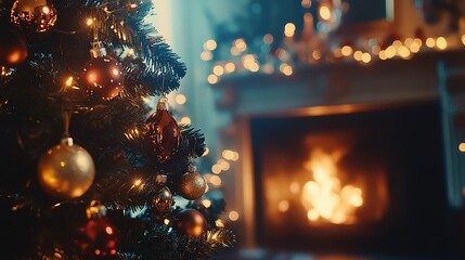 Christmas tree and cozy fireplace scene