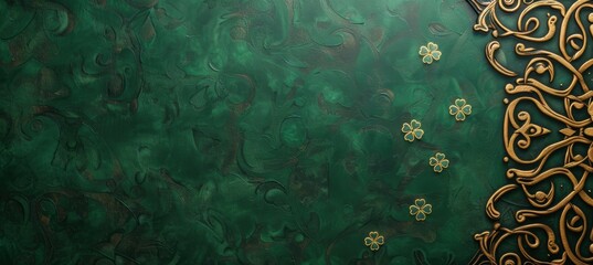 Ornate st. patrick's day banner featuring a gold celtic design frame and scattered shamrocks on a deep green background. the center offers ample space for adding personalized text