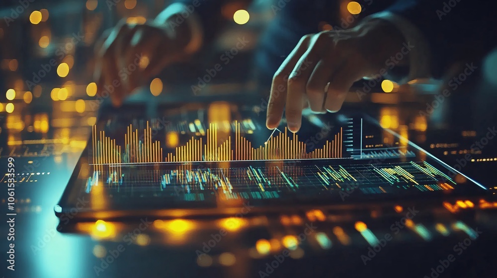 Poster Financial analyst using a tablet to track investment portfolios with bar graphs, line trends, and data points showing market insights with empty space for text