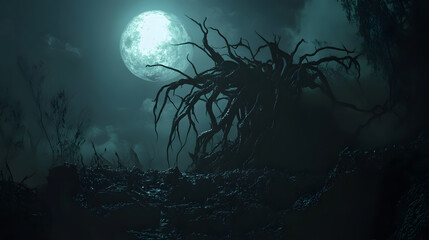 A sinister looking plant with tendrils reaching out like fingers in the moonlight.