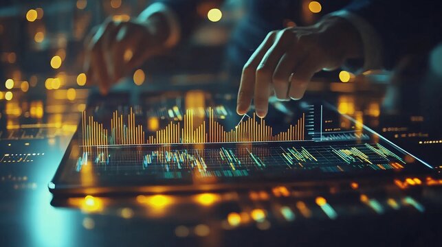Financial analyst using a tablet to track investment portfolios with bar graphs, line trends, and data points showing market insights with empty space for text