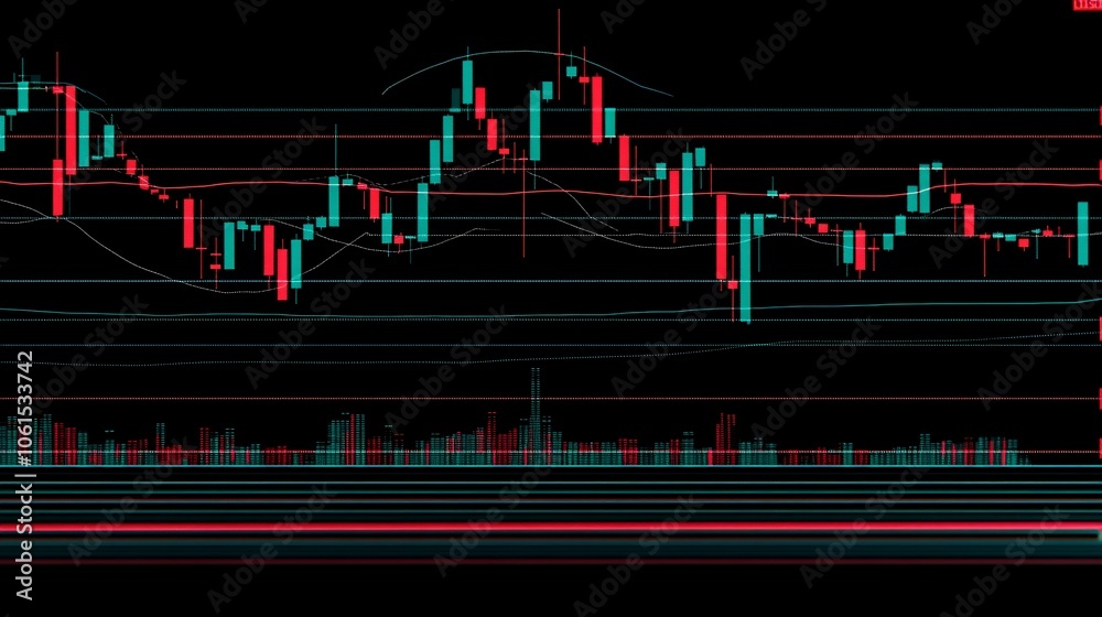 Leinwandbilder digital stock chart with candlesticks showing market highs and lows in neon blue and green tones ove