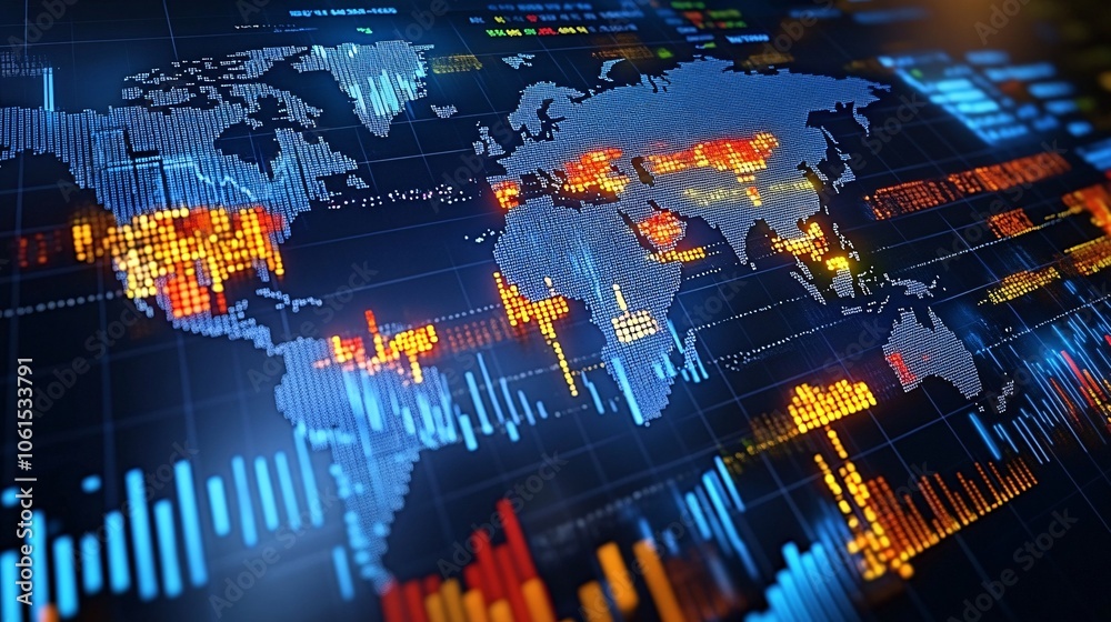 Poster Global market trends represented through a holographic world map with stock data and country-specific stock exchange numbers with empty space for text