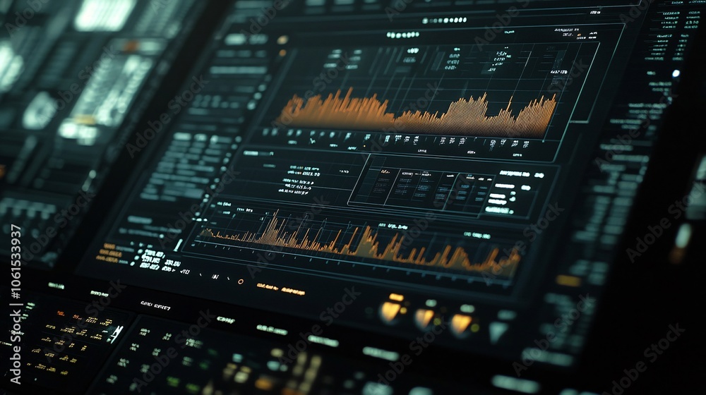 Aufkleber Graphical bar and line charts on a digital dashboard representing profit and loss in a stock market scenario with empty space for text