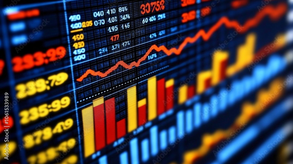 Aufkleber Graphical bar and line charts on a digital dashboard representing profit and loss in a stock market scenario with empty space for text