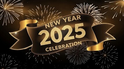 Elegant New Year 2025 celebration banner with gold ribbon and fireworks on a dark, festive background.	
