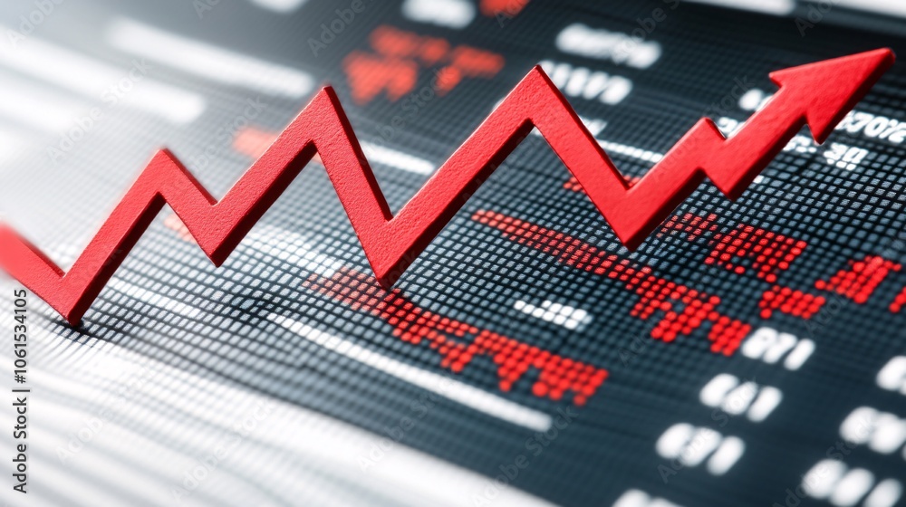 Poster Abstract representation of stock price increase and decrease arrows in a digital financial landscape, showing bullish and bearish trends with empty space for text