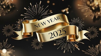 Elegant New Year 2025 celebration banner with gold ribbon and fireworks on a dark, festive background.	