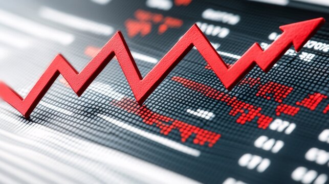 Abstract representation of stock price increase and decrease arrows in a digital financial landscape, showing bullish and bearish trends with empty space for text