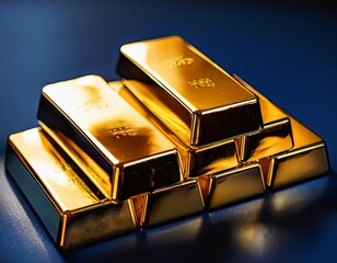 Stacked gold bars arranged in pyramid formation on reflective dark surface with deep blue background