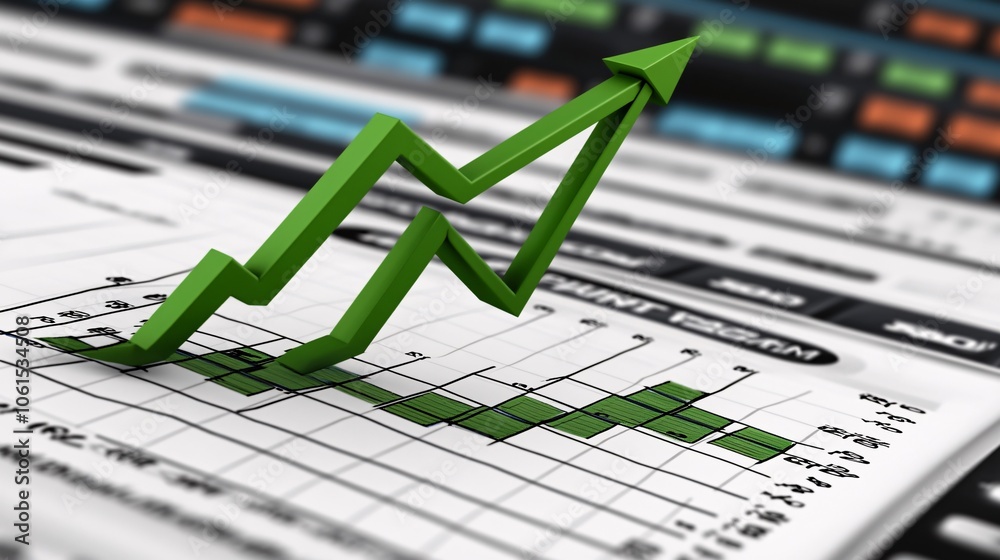 Aufkleber Line graph of market indices with a trend of upward movement in green showing stock market recovery in a digital setup with empty space for text