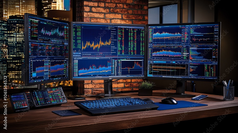 Leinwandbilder desktop setup with financial news and stock market graphs open on multiple monitors, showcasing stoc
