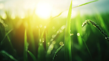 Fototapeta premium Close-up of a rice grain with morning dew in the sunlight