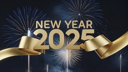 Elegant New Year 2025 celebration banner with gold ribbon and fireworks on a dark, festive background.	