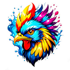 Obraz premium illustration of chicken animal mascot head logo and colorful liquid splashing on white background.
