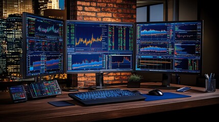 Fototapeta premium Desktop setup with financial news and stock market graphs open on multiple monitors, showcasing stock trading strategies with empty space for text