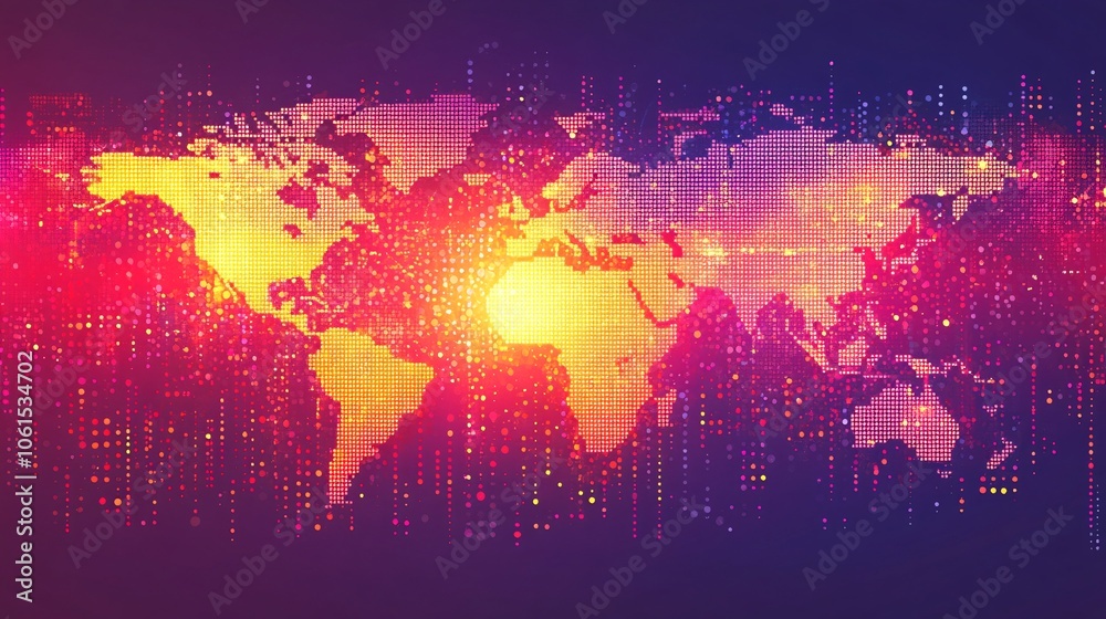 Aufkleber Digital world map with overlaid stock market performance data and currency exchange values, showing global economic impact with empty space for text