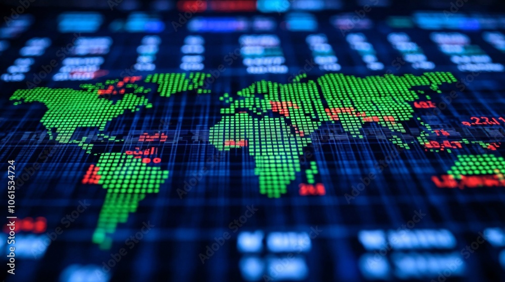Poster Digital world map with overlaid stock market performance data and currency exchange values, showing global economic impact with empty space for text