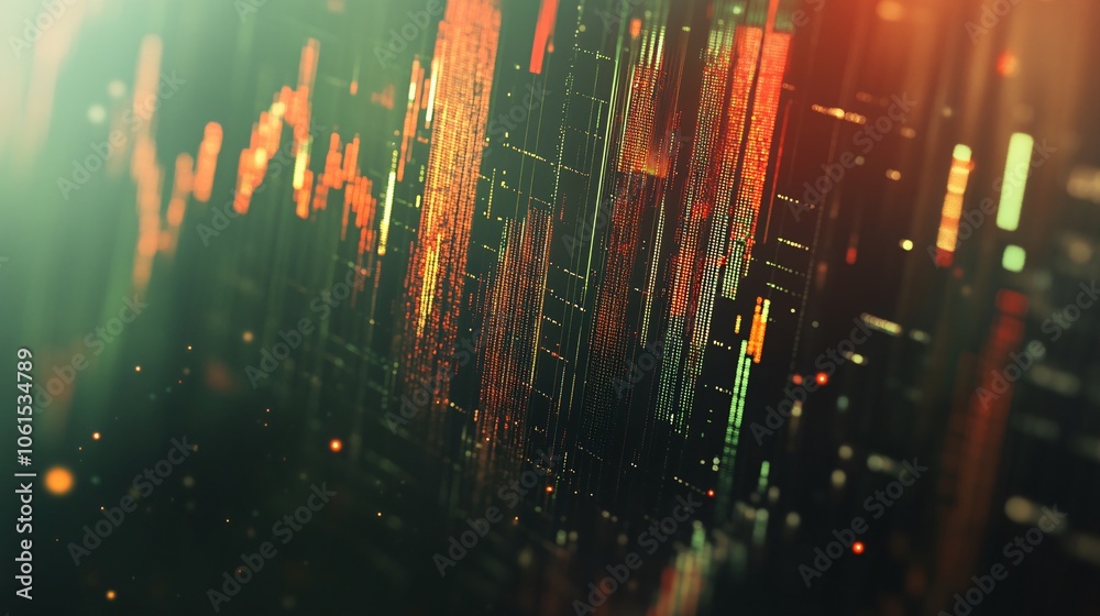 Poster Abstract stock market graph with vibrant red and green lines showing volatility in financial markets with futuristic data visualization with empty space for text