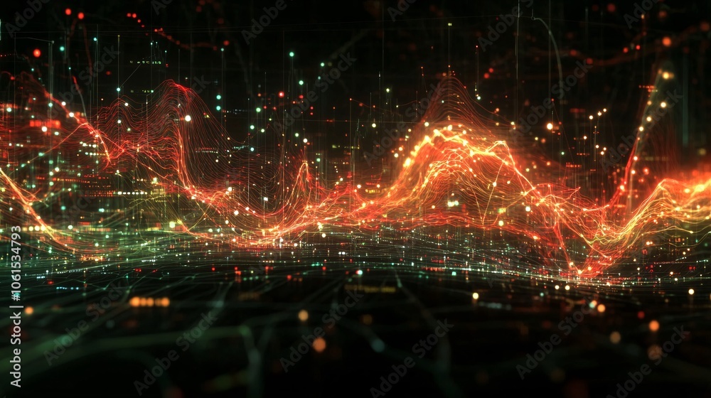 Poster Abstract stock market graph with vibrant red and green lines showing volatility in financial markets with futuristic data visualization with empty space for text